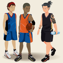 Three teenages standing while carrying ball and water in arm. Flat modern illustration. Vector of people play sport to keep healthy.