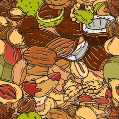 Nuts and seeds seamless pattern vector illustration. Different nut and seed colored background.