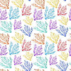 Bright watercolor seamless pattern with coral sea reef. Global warming and climate change effects. Hand drawn illustration. 