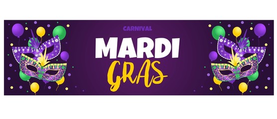Mardi Gras carnival. Greeting card with ballons and mask. Masquerade party. Carnaval background for poster, postcard, party invitation or banner. Vector Illustration.	