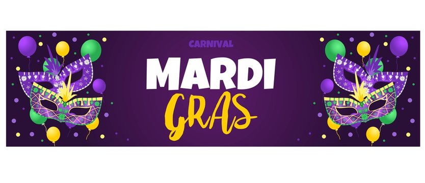 Mardi Gras Carnival. Greeting Card With Ballons And Mask. Masquerade Party. Carnaval Background For Poster, Postcard, Party Invitation Or Banner. Vector Illustration.	