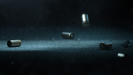 Bullet shells ground. Cases of bullets lying on the floor of asphalt - 3D Render - obrazy, fototapety, plakaty