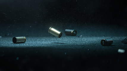 Bullet shells ground. Cases of bullets lying on the floor of asphalt - 3D Render - obrazy, fototapety, plakaty