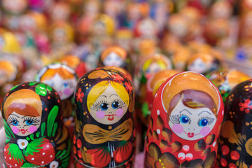 Fototapeta na wymiar 01/14/2020 Russia, Moscow, Red Square. Russian nesting dolls close-up. Russian folk art