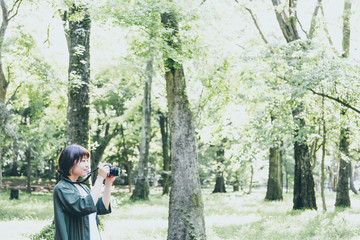 緑の豊かな公園で写真を撮る若い女性