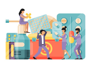 Pharmacy, medicine, drug store characters holding tablets and pills on background of medicines vector illustration