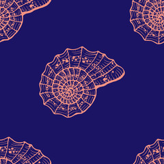 Seamless pattern from sea shells on a blue background.  Hand drawn large shell. Doodle ocean shell. Seashell sketch.