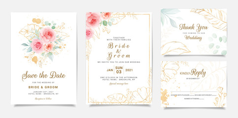 Fototapeta na wymiar Elegant wedding invitation template design of peach rose flowers and gold leaves. Botanic illustration for save the date, event, cover, poster. Set of cards with floral decoration vector
