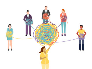 Group psychotherapy support vector illustration. Group psychotherapist doctor psychologist helps to solve the tangle of problems