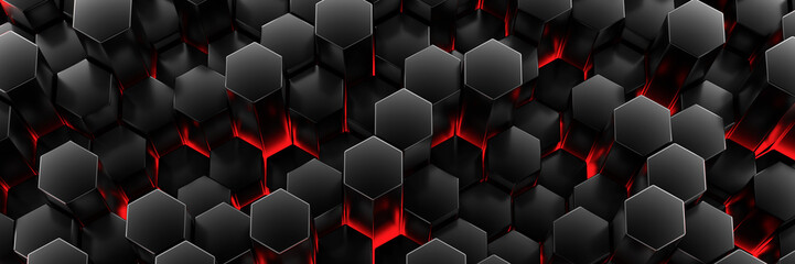 Black wall of honeycombs. Chaotic Cubes Wall Background. Panorama with high resolution wallpaper. 3d Render Illustration