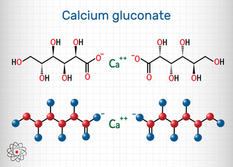 Calcium gluconate C12H22CaO14 molecule, is used as mineral supplement for the treatment osteoporosis, rickets, hypocalcemia. Structural chemical formula and molecule model. Sheet of paper in a cage