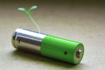 Green Alkaline AA battery close up with a green bore sprouted seed on a neutral background recycling battery ecology concept