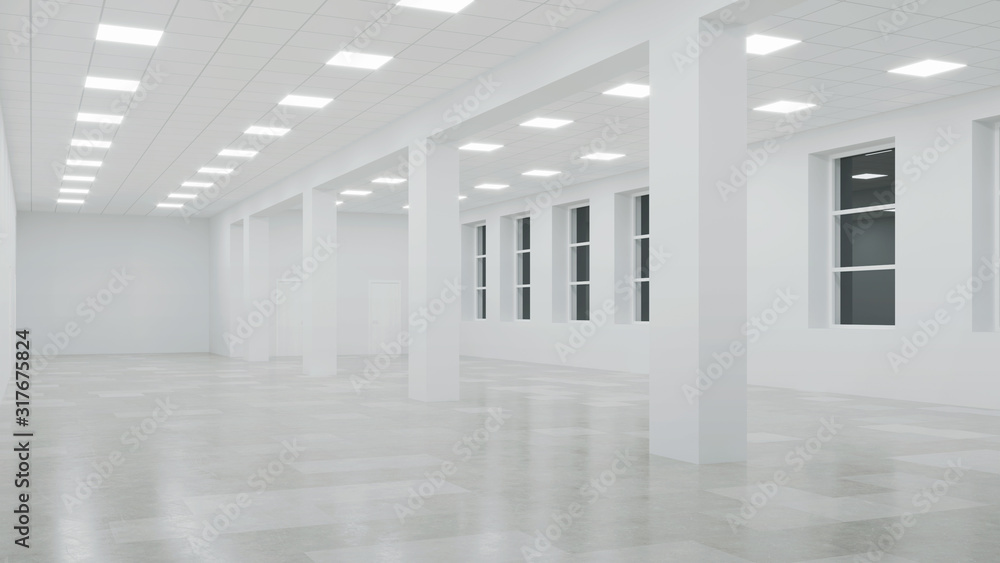 Wall mural interior of an empty commercial building with white walls. office space. night. evening lighting. 3d