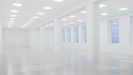 Interior of an empty commercial building with white walls. Office space. Night. Evening lighting. 3D rendering.