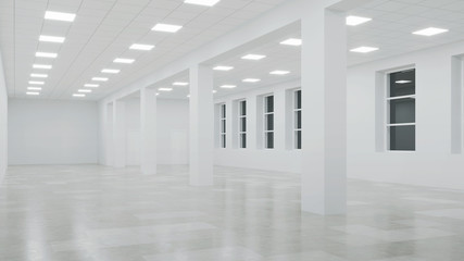 Interior of an empty commercial building with white walls. Office space. Night. Evening lighting. 3D rendering. - 317675824