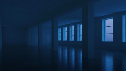 Interior of an empty commercial building with white walls. Office space. Night. Evening lighting. 3D rendering.