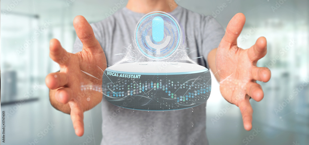 Poster businessman holding a vocal assistant and wave equaliser - 3d rendering