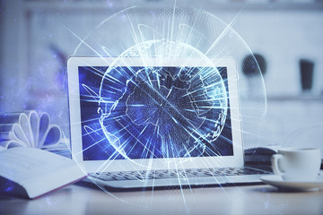 Multi exposure of business theme icons and work space with computer background. Concept of success.