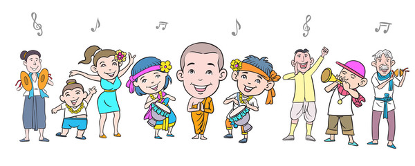 Image of cartoon characters showing various gestures with music notes on a white background. hand drawn style vector design illustrations.