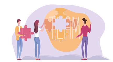 Cartoon people engaged in teamwork teambuilding