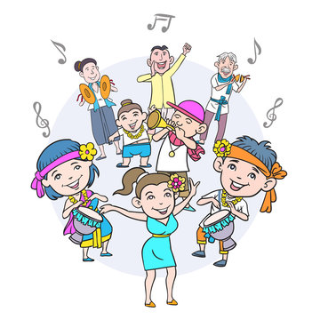 Image of cartoon characters showing various gestures with music notes on a white background. hand drawn style vector design illustrations.