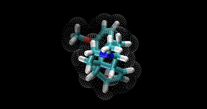 Codeine, opioid drug, 3d molecule   spinning on Y axis