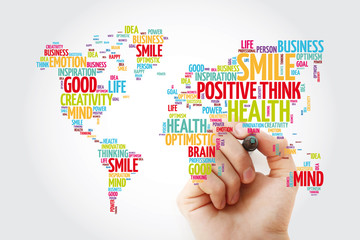 Positive thinking word cloud in shape of world map, creative concept background