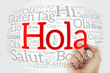 Hola! (Hello Greeting in Spanish) word cloud in different languages of the world with marker, background concept © dizain