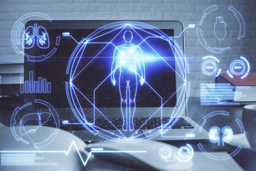 Desktop computer background and education theme drawing. Double exposure. Study concept.