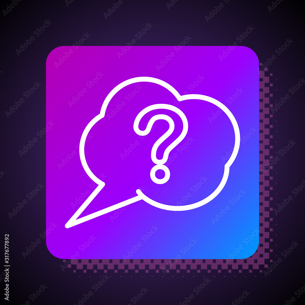 Poster white line speech bubble and question icon isolated on black background. faq sign. copy files, chat 