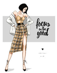 woman in trendy checkered pattern skirt