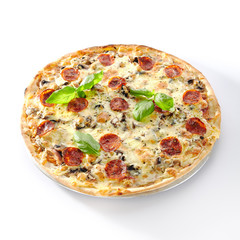 Traditional Italian Pepperoni Pizza with Mushrooms and Salami Isolated