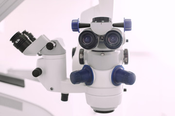 Medical ophthalmology professional equipment. Microsurgical microscope in a operating room. Ophthalmologist clinic concept 