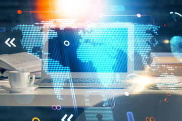 Multi exposure of table with computer and world map hologram. International data network concept.