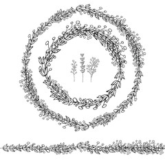 sketch of round floral garland with elderberry branch and lavender branch. Floral elements for designing cards and invitations.