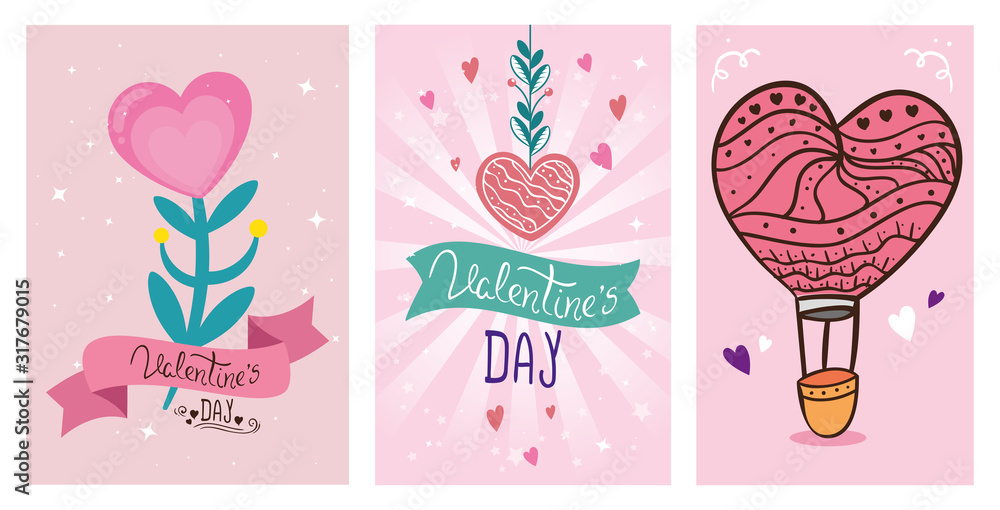 Wall mural set cards of happy valentines day with decoration