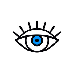 Open blue eye line icon on white background. Look, see, sight, view sign and symbol. Vector linear graphic element. Optical and search theme in minimal design style. Eye with eyelashes.