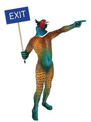 faisant, oiseau,  animal, hybride, mi- homme, mi-oiseau, dr&ocirc;le, original, montrent la sortie, exit, panneau jardin zoologique, faune, sauvage, safari, allong&eacute;, nature