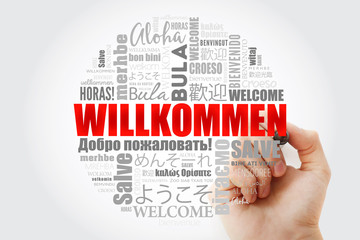 Willkommen, Welcome in German. Word cloud with marker in different languages, conceptual background