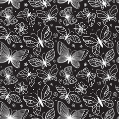 Butterfly line illustration seamless pattern. Black and white ornament of hand drawn butterflies with different wings on balck background. Vector stock romantic surface design - 317682471