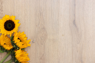 Top view mock up on wooden background with sunflower