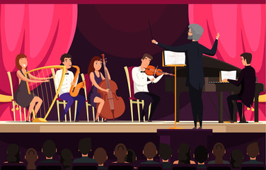 Orchestra performance on stage vector illustration