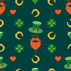 Seamless vector pattern with faces in hats. St. Patrick's Day.