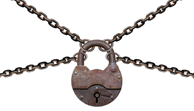 Rusty padlock with chains isolated on white background