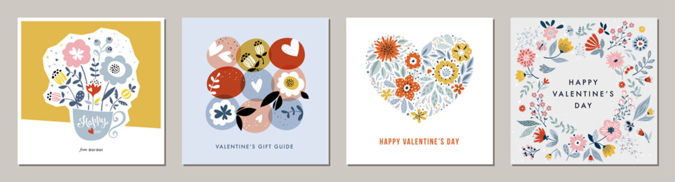 Happy Valentine's Day greeting cards. Floral square templates. Suitable for social media posts, mobile apps, banners design and web/internet ads.