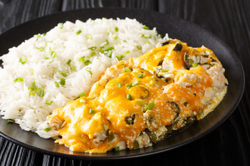 Homemade chicken casserole with olives, chili peppers and onions in a creamy cheese sauce served with rice close-up. horizontal