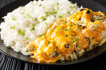 Olivia casserole of grilled chicken with olives and onions in a creamy cheese sauce served with rice close-up on a plate on the table. horizontal