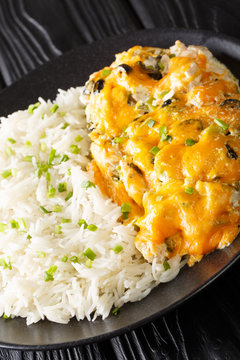 Olivia chicken Recipe in creamy cheese sauce served with rice closeup on a plate. vertical