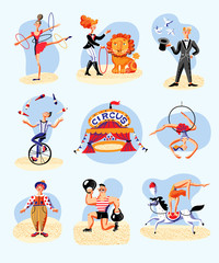 Circus flat set with artists and animals on white