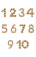 font of number colorful cookies glaze, white background isolated